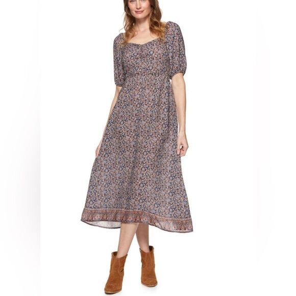 Threadgrit Ladies Gretchen Smocked Back Blue Multi Floral Maxi Dress Size M NWT - Picture 1 of 15